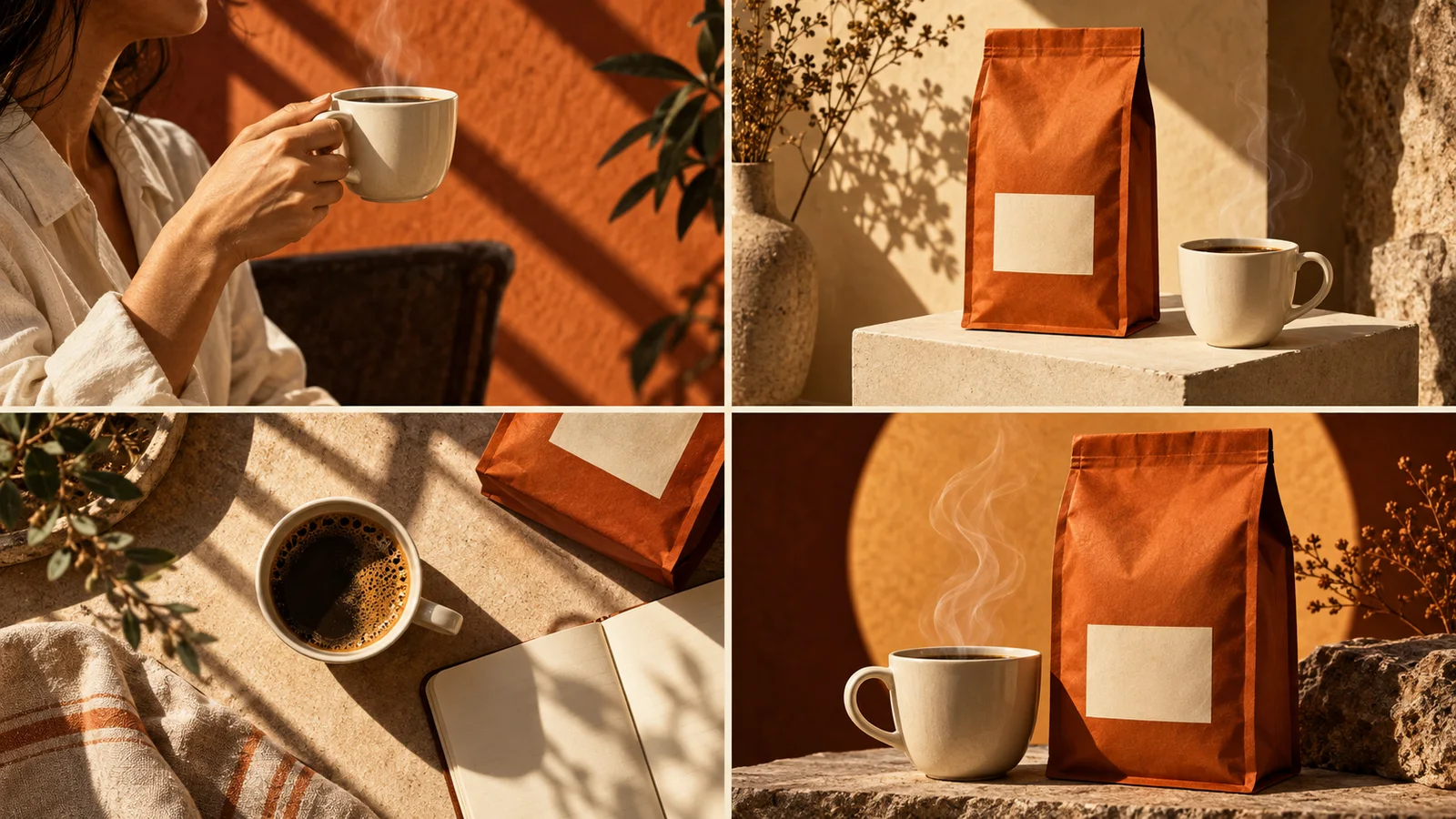 Four-panel coffee ad concept showing a person with a cup, orange packaging, a tabletop scene and rising steam.