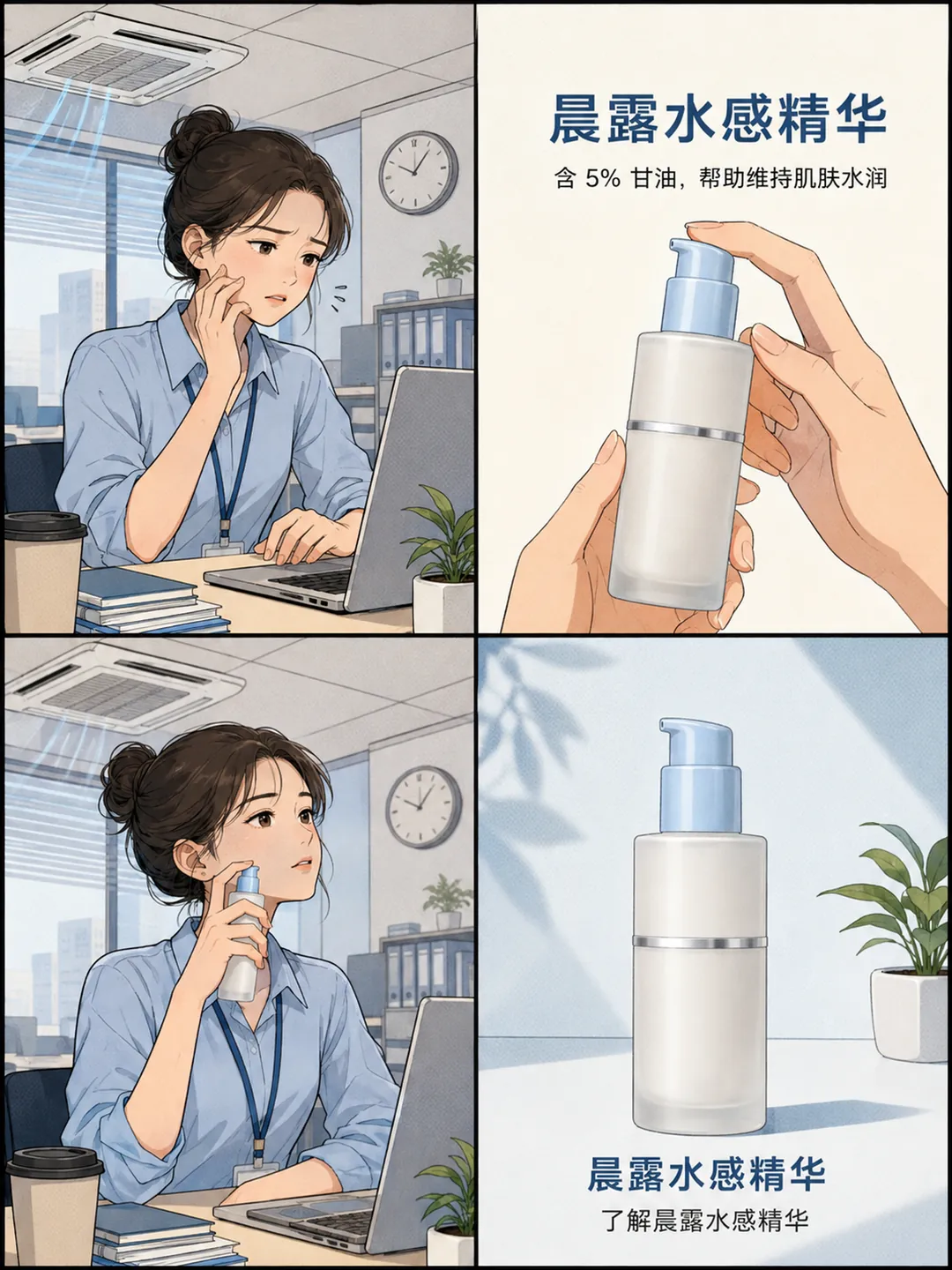 Four-panel serum storyboard showing an office scene, a pump bottle, product use and a closing product shot.