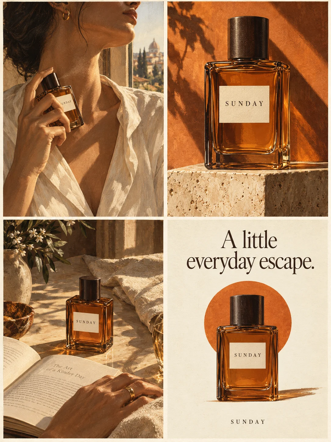 A warm amber perfume campaign with a model, bottle close-ups and a sunlit still life.