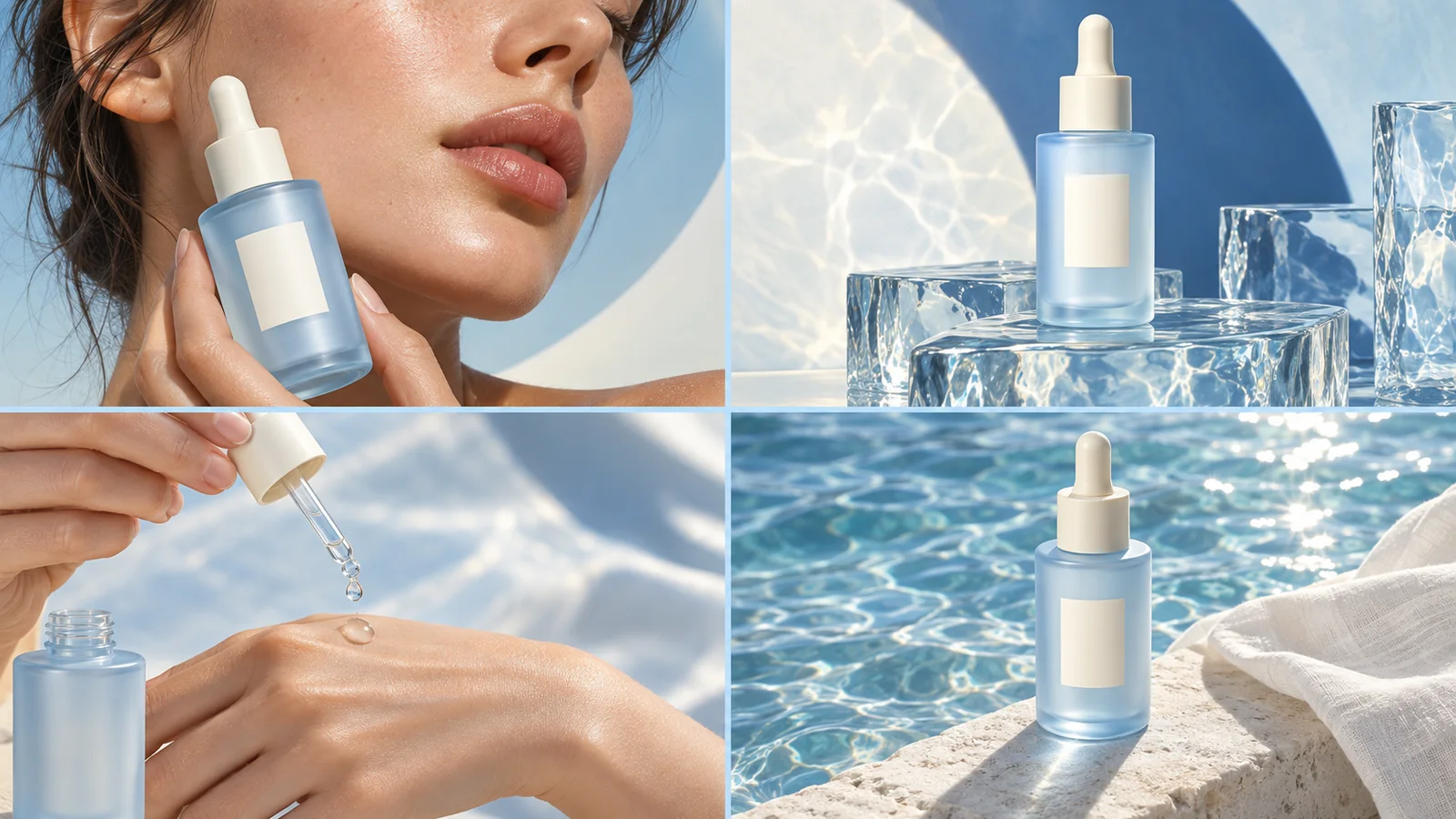 A blue serum bottle beside a model’s face, used as a cool-toned lighting reference.